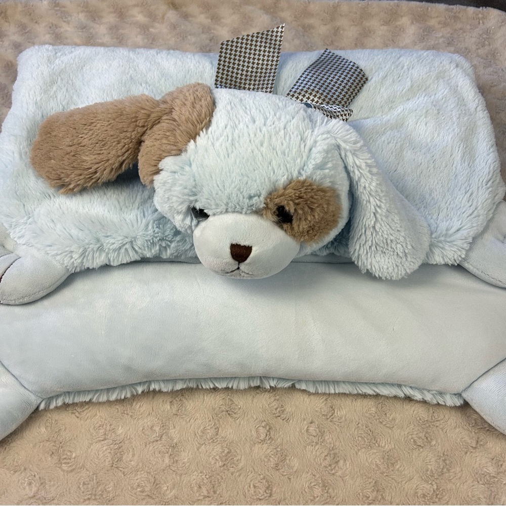 Bearington Baby Blue Tan Puppy Dog Lovey Security Blanket Bow Large Oversized